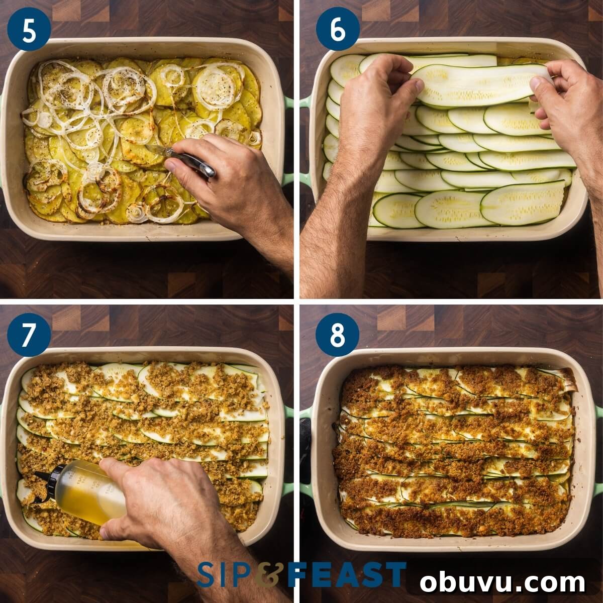 Zucchini and Potatoes al Forno: Crispy Oven-Baked Vegetable Side 6 Collage two showing checking potatoes for doneness, layering the zucchini, topping with breadcrumbs and drizzling with olive oil, and the finished dish.