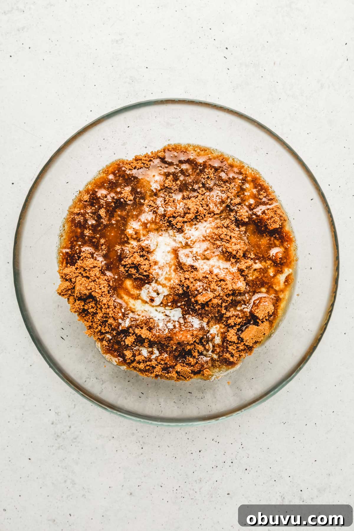 No-Bake Biscoff Cookie Butter Cheesecake Recipe 4 mixing biscoff cookie crumbs with melted butter in a bowl