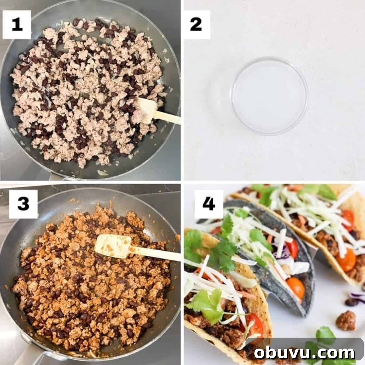 Savory Ground Turkey Tacos with Quick Homemade Seasoning 4 Four numbered images showing how to make ground turkey tacos.