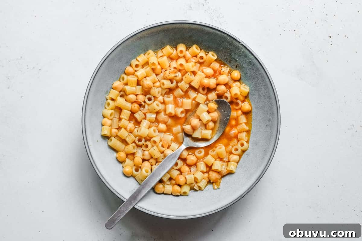 a bowl of Italian pasta e ceci taken from above