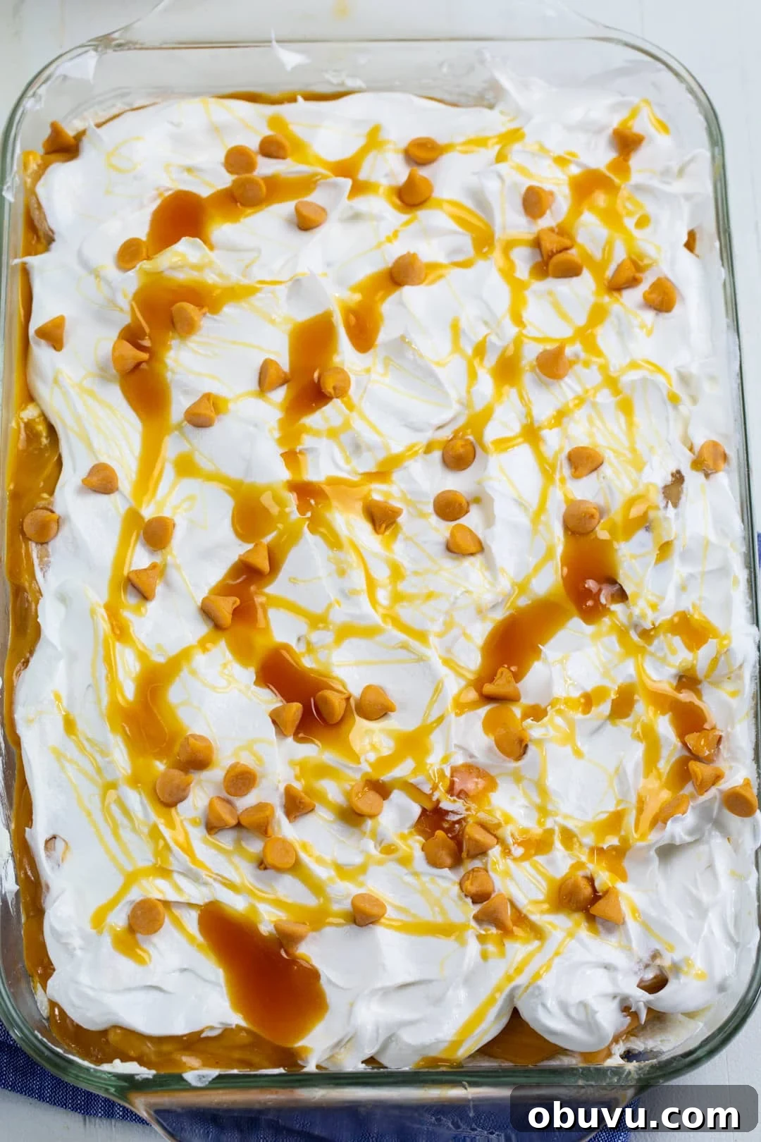 No-Bake Caramel Apple Lush Dessert Recipe 4 No-Bake Caramel Apple Lush in baking dish.