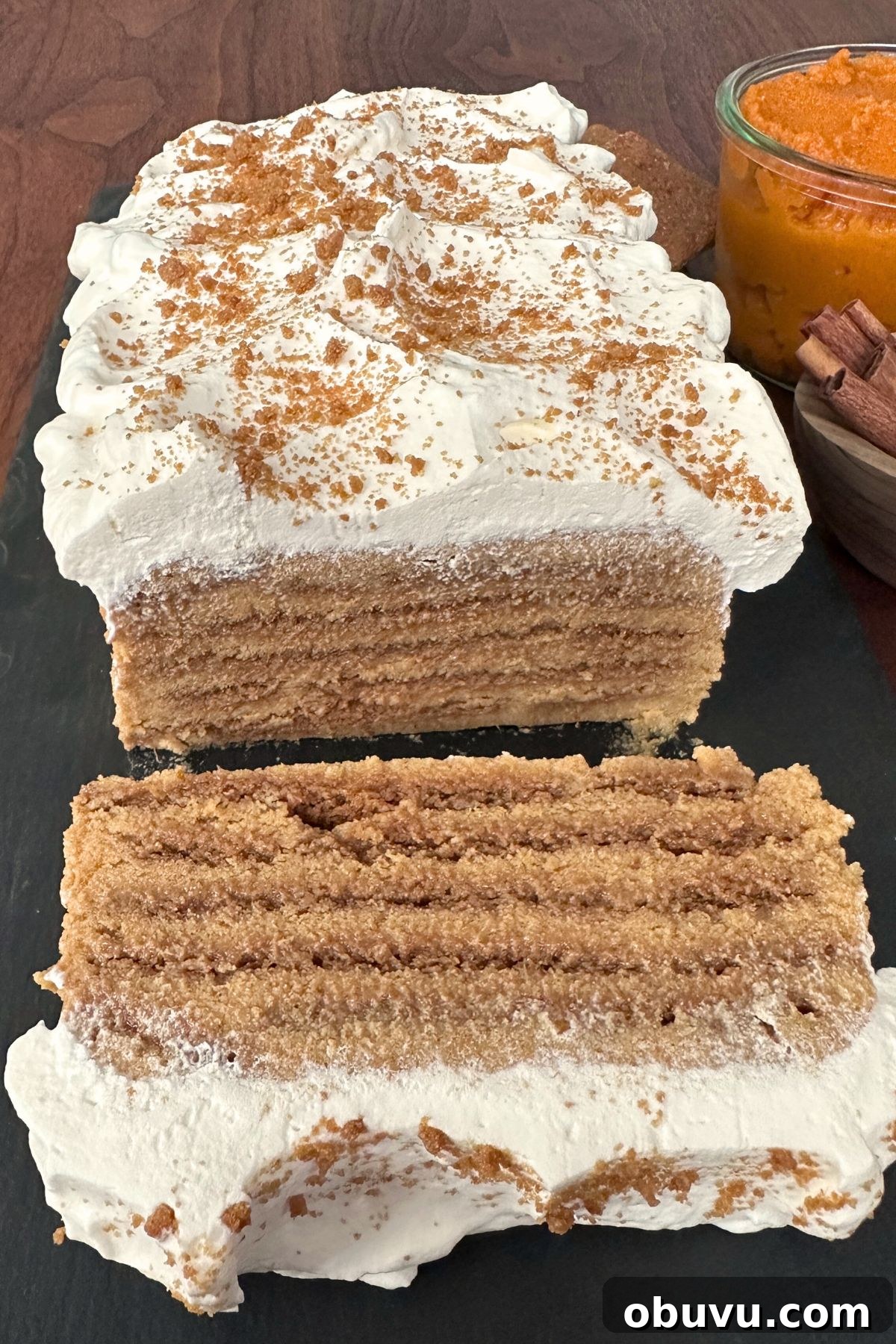 No-Bake Pumpkin Icebox Cake for Fall Desserts 7 Pumpkin icebox cake sliced and ready to serve.