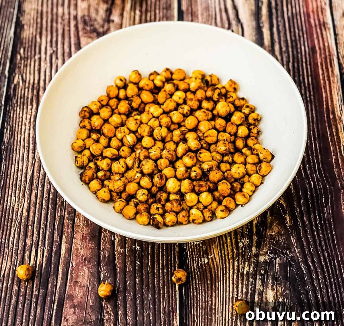 Crispy chickpeas in a white bowl.