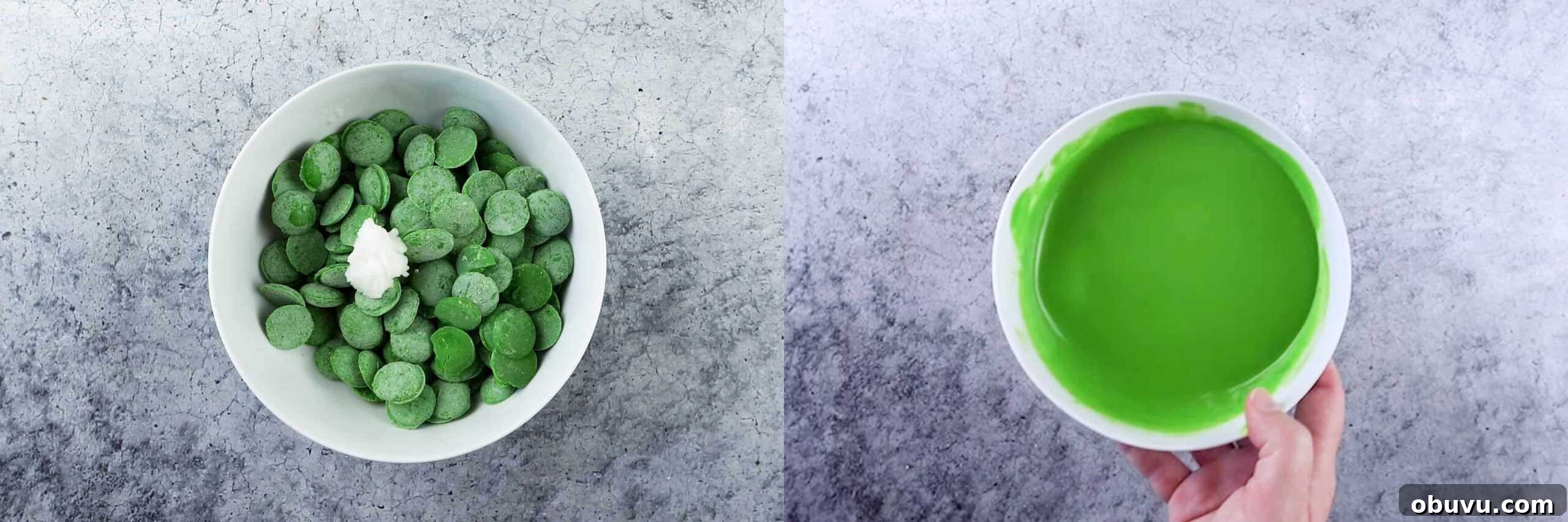 Witch Finger Cookies Recipe: Spooky Halloween Treats 9 before and after melting candy melts- in white bowl.