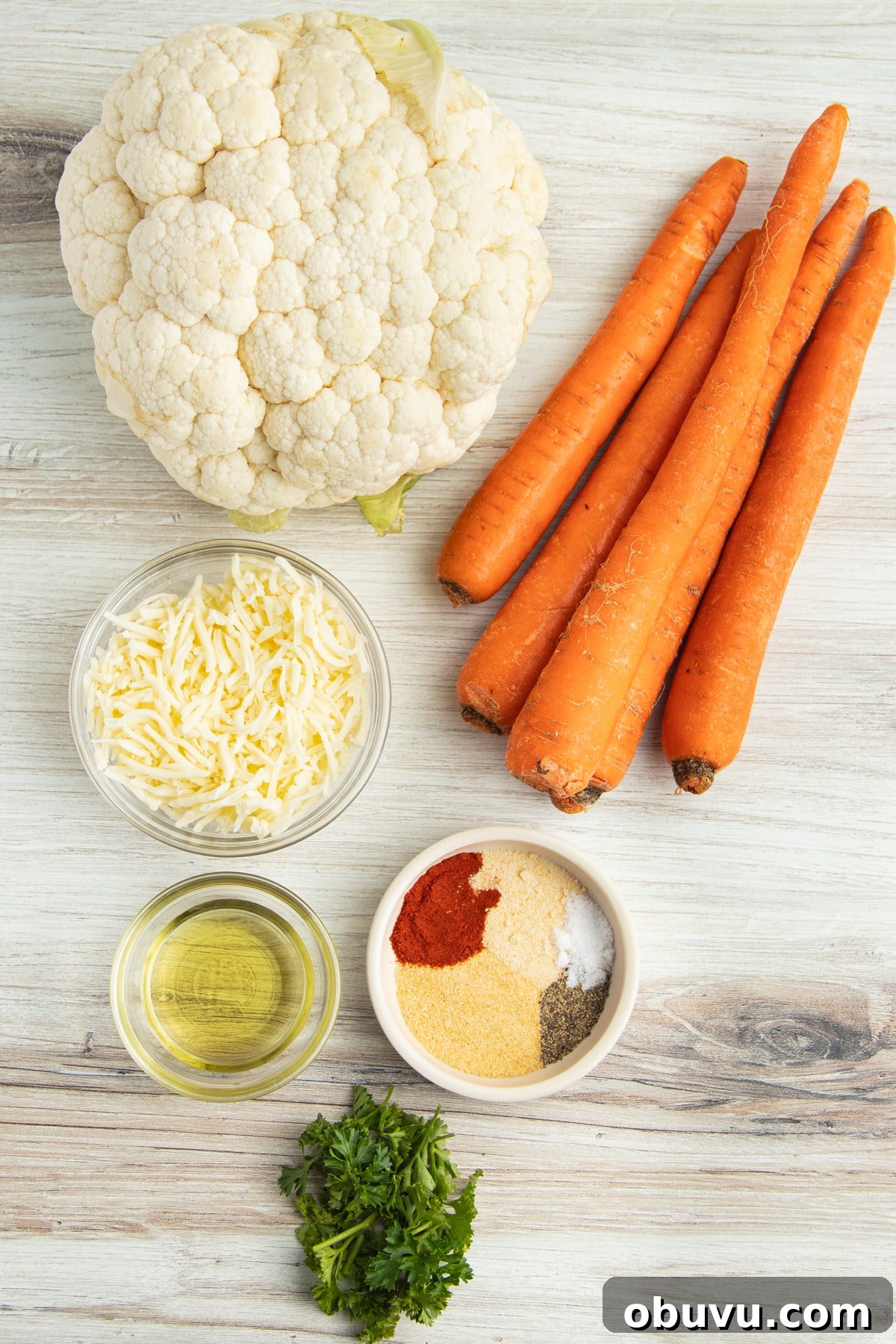 Roasted Carrots and Cauliflower in Cheesy Garlic Crust 4 This is a picture of all the ingredients for this recipe.