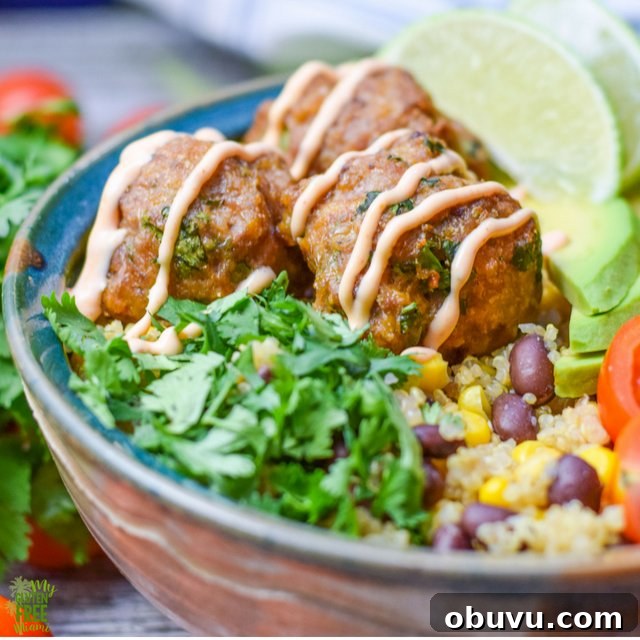 Wild Boar Meatball Taco Bowl with spicy mayo