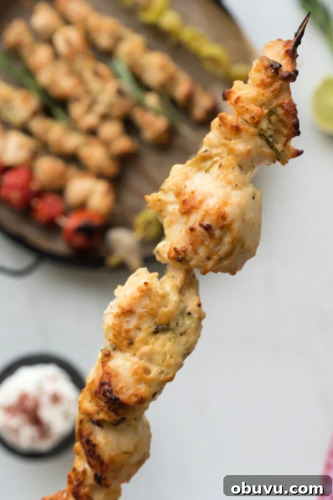 closeup of chicken pieces on skewer