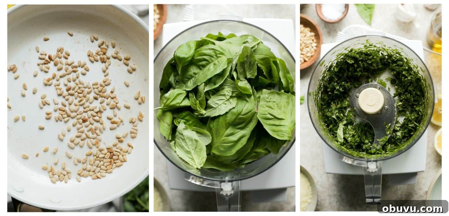 Three prep photos; photo 1 has a white pan with toasted pine nuts. In photo 2, a food processor is filled with basil on a beige counter. In photo 3, a food processor with blended basil sits on a beige counter next to wood bowls of salt and pine nuts.