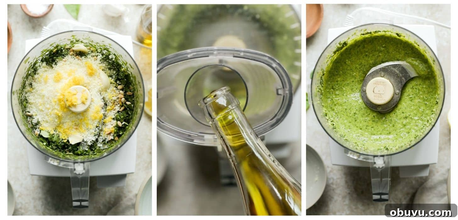Three prep photos; in photo 1, a food processor with basil, garlic, pine nuts, parmesan, and lemon zest is on a beige counter next to wood bowls. In photo 2, olive oil is being poured into the food processor. In photo 3, green sauce in a food processor bowl on a beige counter.
