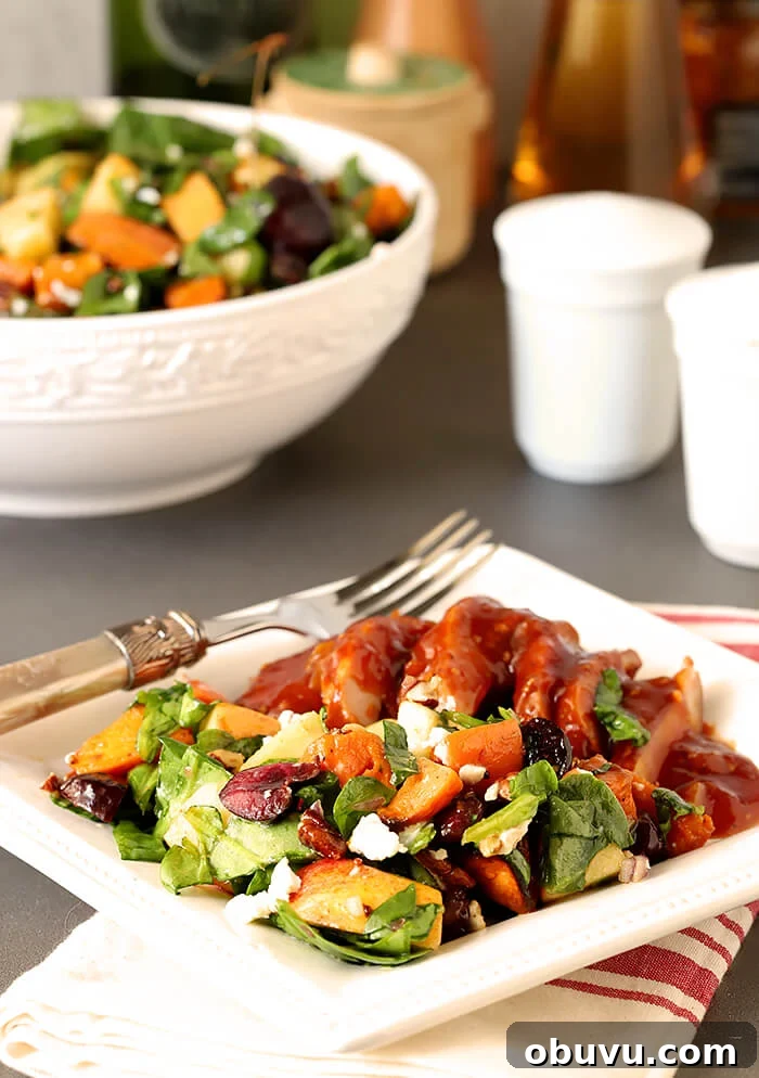 Roasted Sweet Potato & Spinach Chopped Salad with Maple Vinaigrette 3 Sweet Potato and Spinach Salad with Pecans, Cherries and Goat Cheese Served with Barbecued Smoked Chicken on a Square Plate