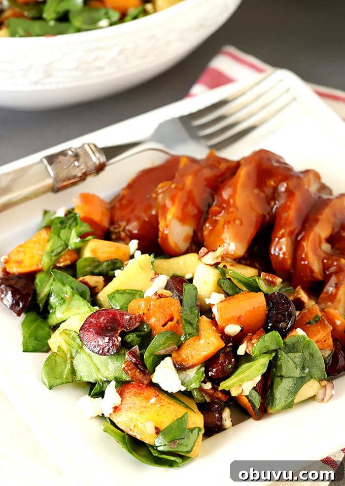 Roasted Sweet Potato & Spinach Chopped Salad with Maple Vinaigrette 5 Closeup of Sweet Potato and Spinach Salad with Pecans, Cherries and Goat Cheese