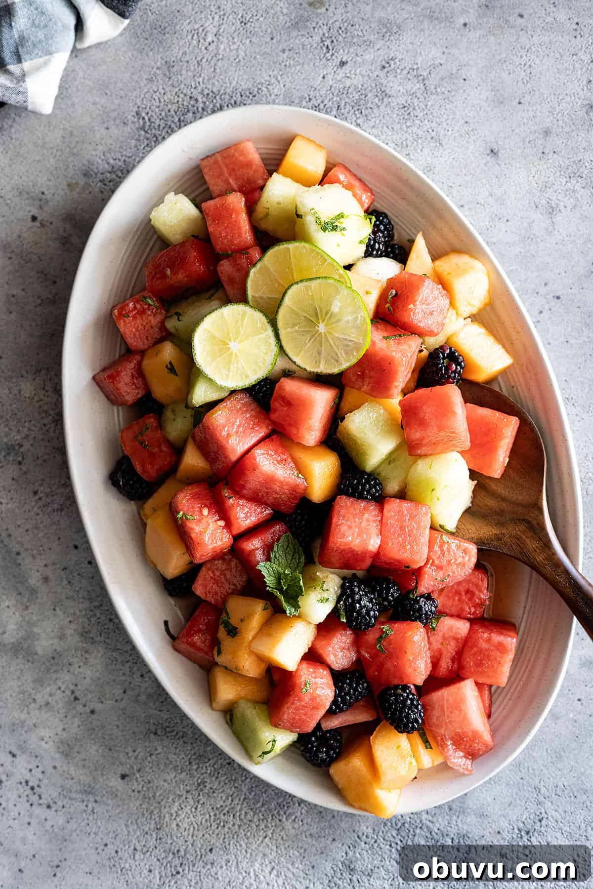 Mojito Fruit Salad Recipe: Refreshing Mint-Lime Fruit Bowl 2 Overhead view of salad on a serving plate garnished with lime slices and mint.