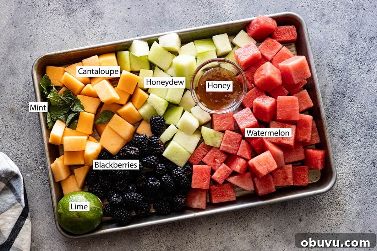 Mojito Fruit Salad Recipe: Refreshing Mint-Lime Fruit Bowl 3 Ingredients: mint, lime, honey, cantaloupe, honeydew, watermelon, and blackberries.