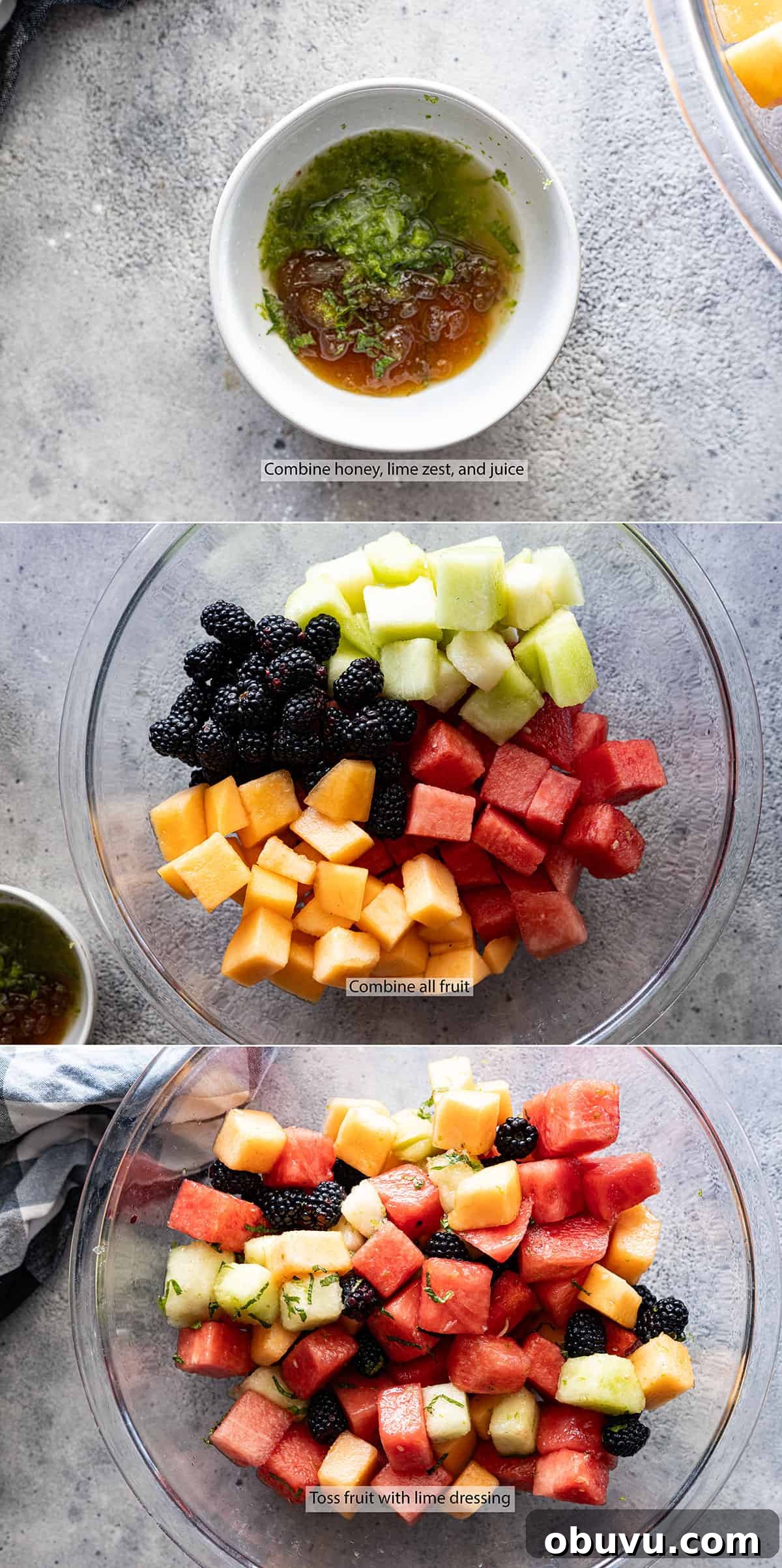Mojito Fruit Salad Recipe: Refreshing Mint-Lime Fruit Bowl 4 Three pictures showing how to make mojito fruit salad.
