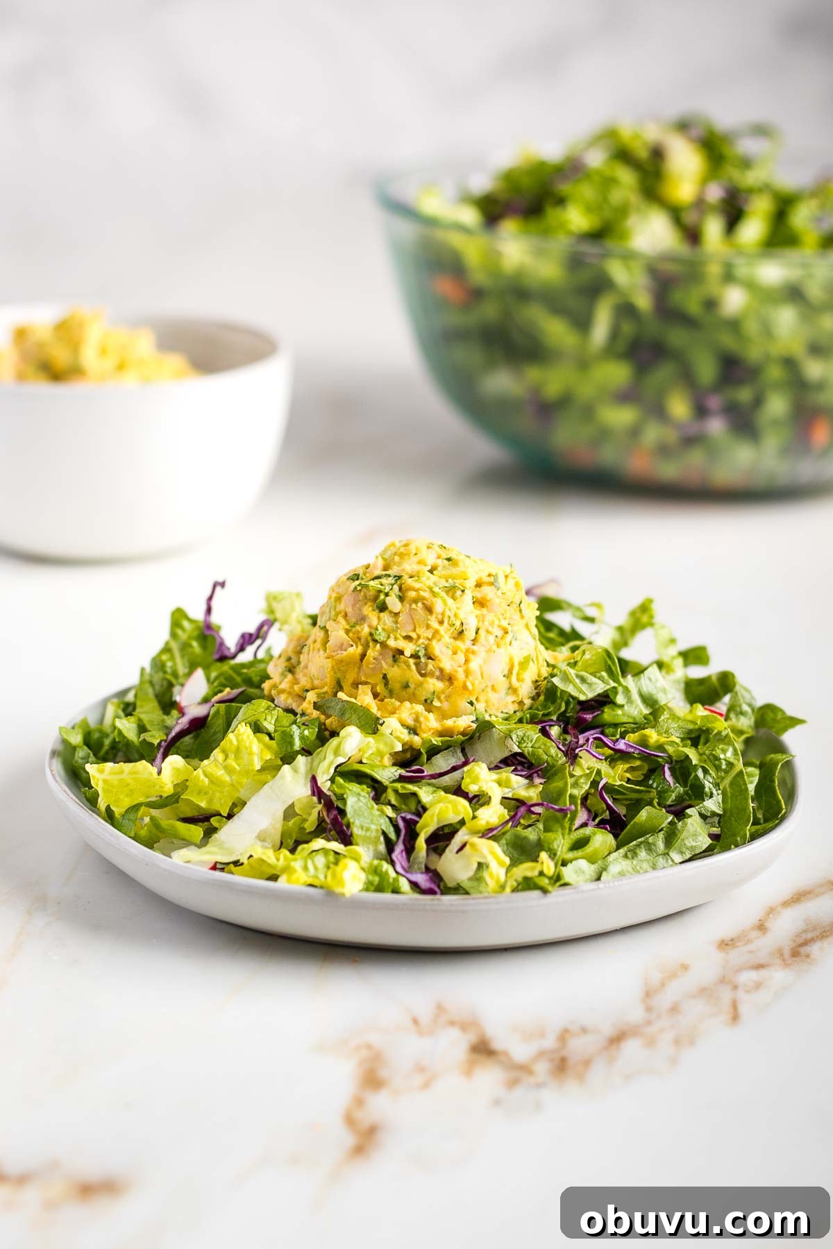 Crispy Vegan Chicken Salad with Creamy Herb Dressing 9 A scoop of vegan chicken salad on top of a green salad.