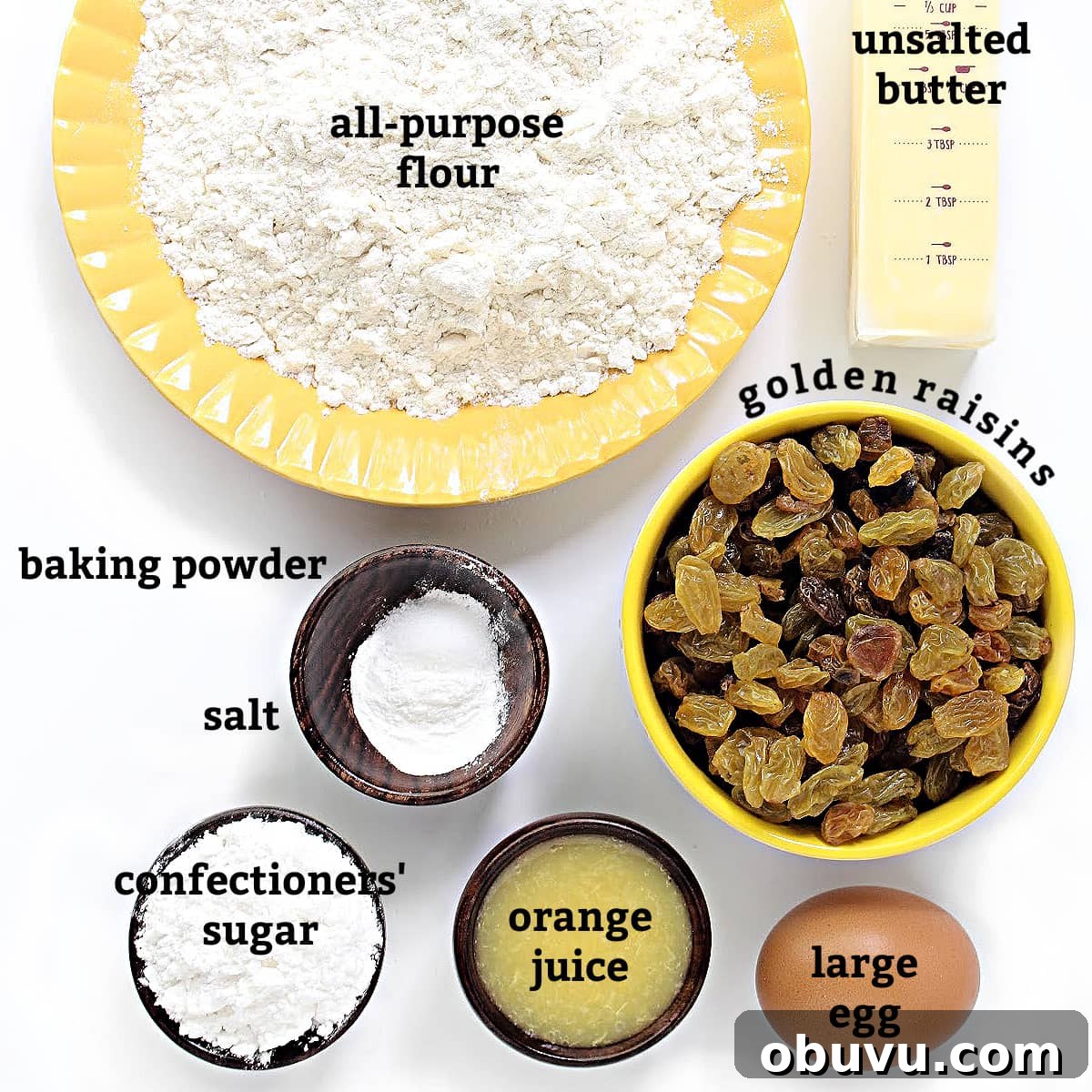 Recipe ingredients with text overlay; flour, butter, raisins, baking powder, salt, confectioners' sugar, orange juice, egg.