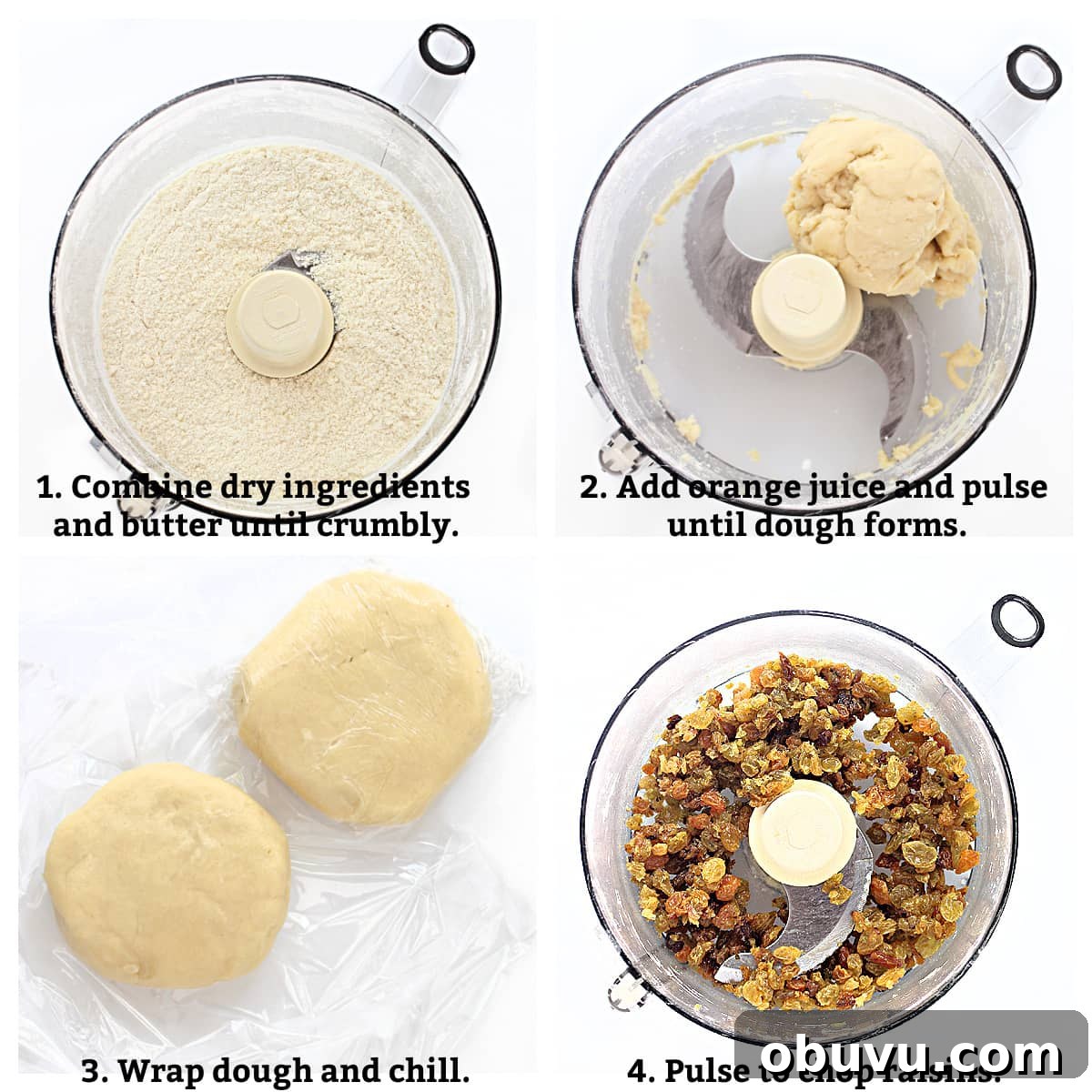 Recipe process; combine ingredients to form dough, wrap and chill dough, chop raisins.
