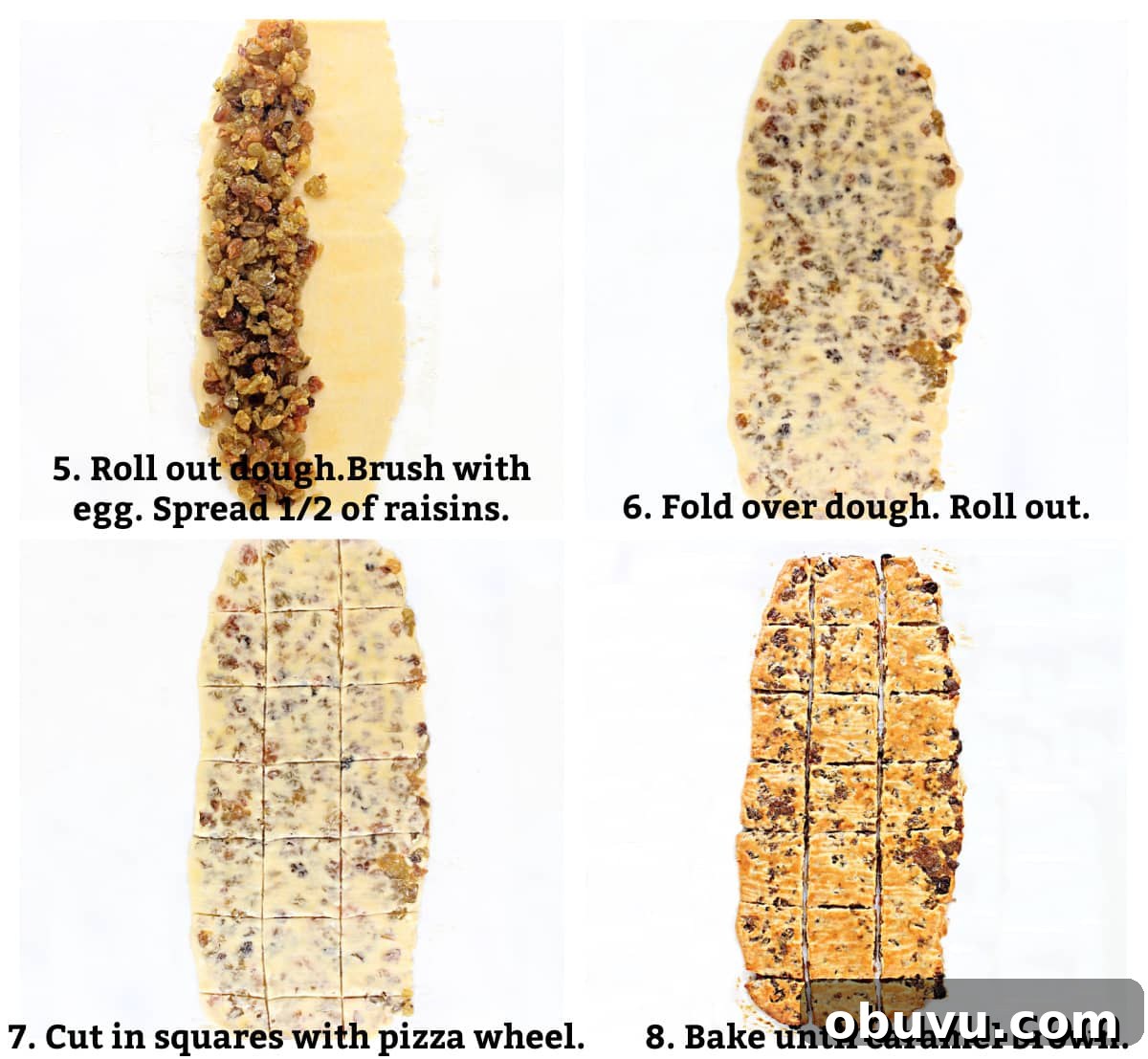 Recipe process; roll out ½ dough, add ½ raisins, fold dough, roll out again, slice, bake.