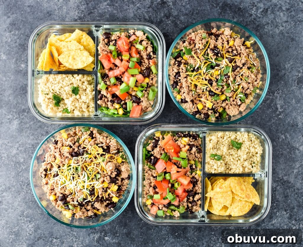 Hot and Cold Turkey Taco Meal Prep with Video Tutorial 2 two lunches made with turkey taco mixture.