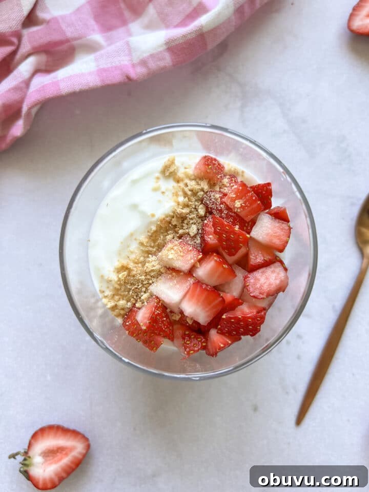 Blended Strawberry Cheesecake Chia Pudding Recipe 7 Overhead photo of a jar of strawberry cheesecake chia pudding