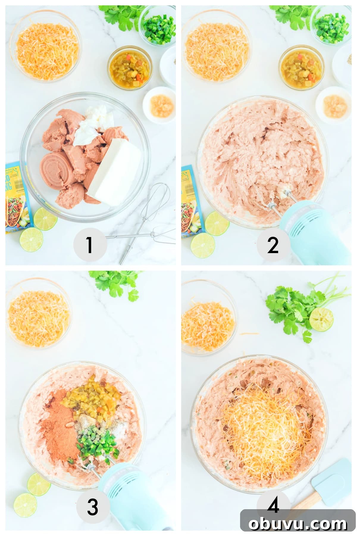 Cheesy Baked Refried Bean Dip for Parties and Game Day 4 Four-step process of making Mexican bean dip. Steps: 1) Ingredients in a bowl, 2) Mixed with a hand mixer, 3) Add seasoning, salsa, cheese, 4) Final mix topped with cheese and cilantro.
