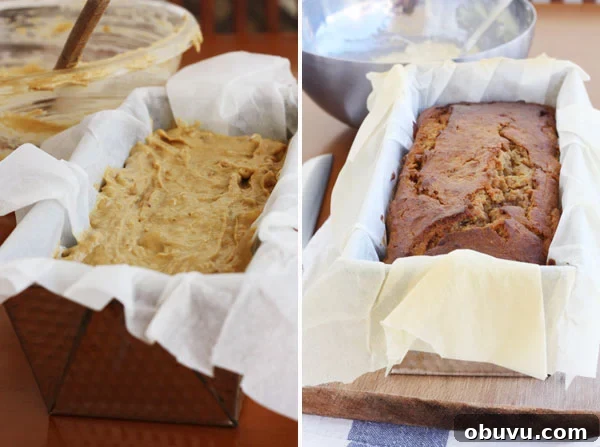 Banana Pistachio Cake with White Chocolate Cream Cheese Frosting 6 Collage of 2 images showing unbaked banana cake batter in a loaf pan next to the baked loaf in the same pan