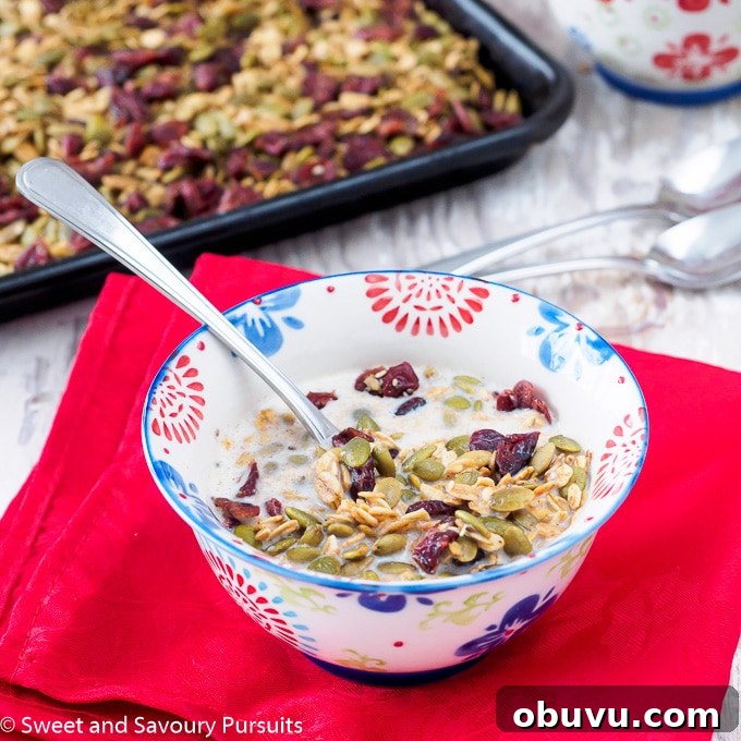 Crunchy Pumpkin Seed Granola Recipe – Homemade Fall Breakfast 2 Bowl of nut-free Healthy Pumpkin Seed Granola topped with milk.