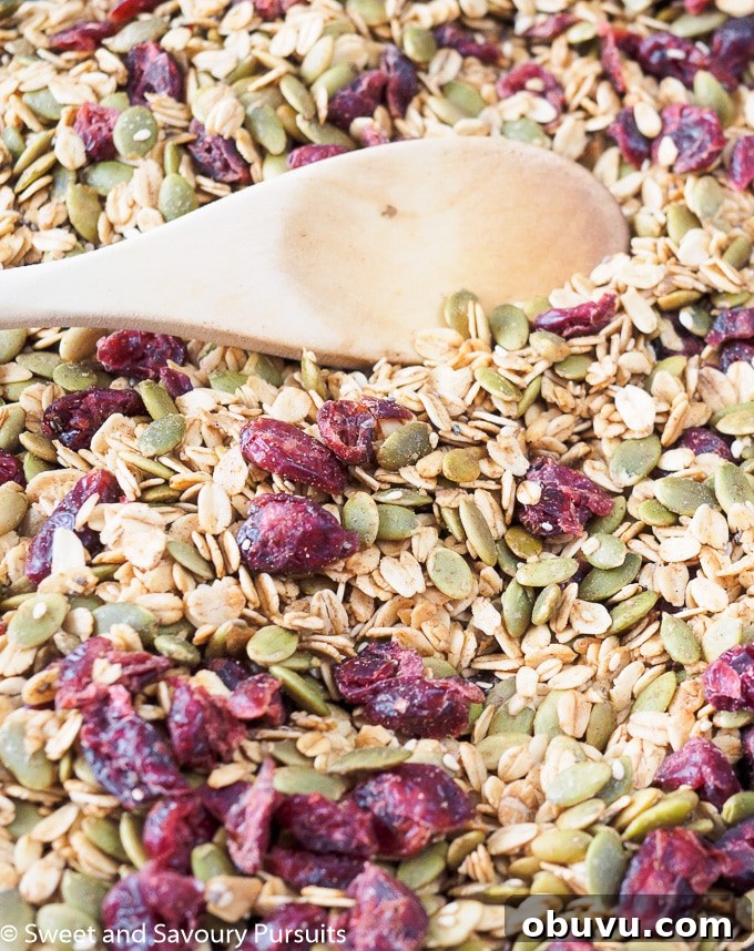 Crunchy Pumpkin Seed Granola Recipe – Homemade Fall Breakfast 3 Pumpkin Seed Granola on baking sheet with wooden spoon.
