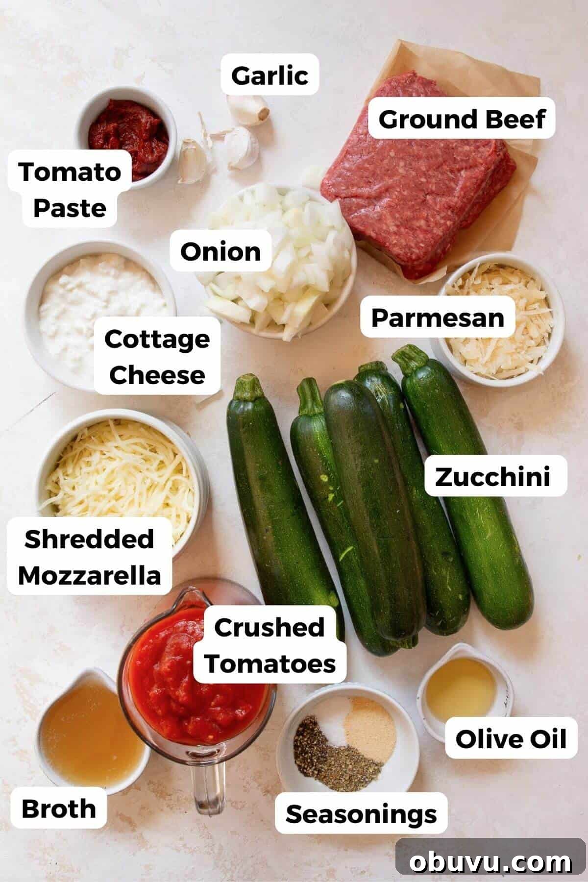 All ingredients in ground beef and zucchini casserole in small bowls with labels.