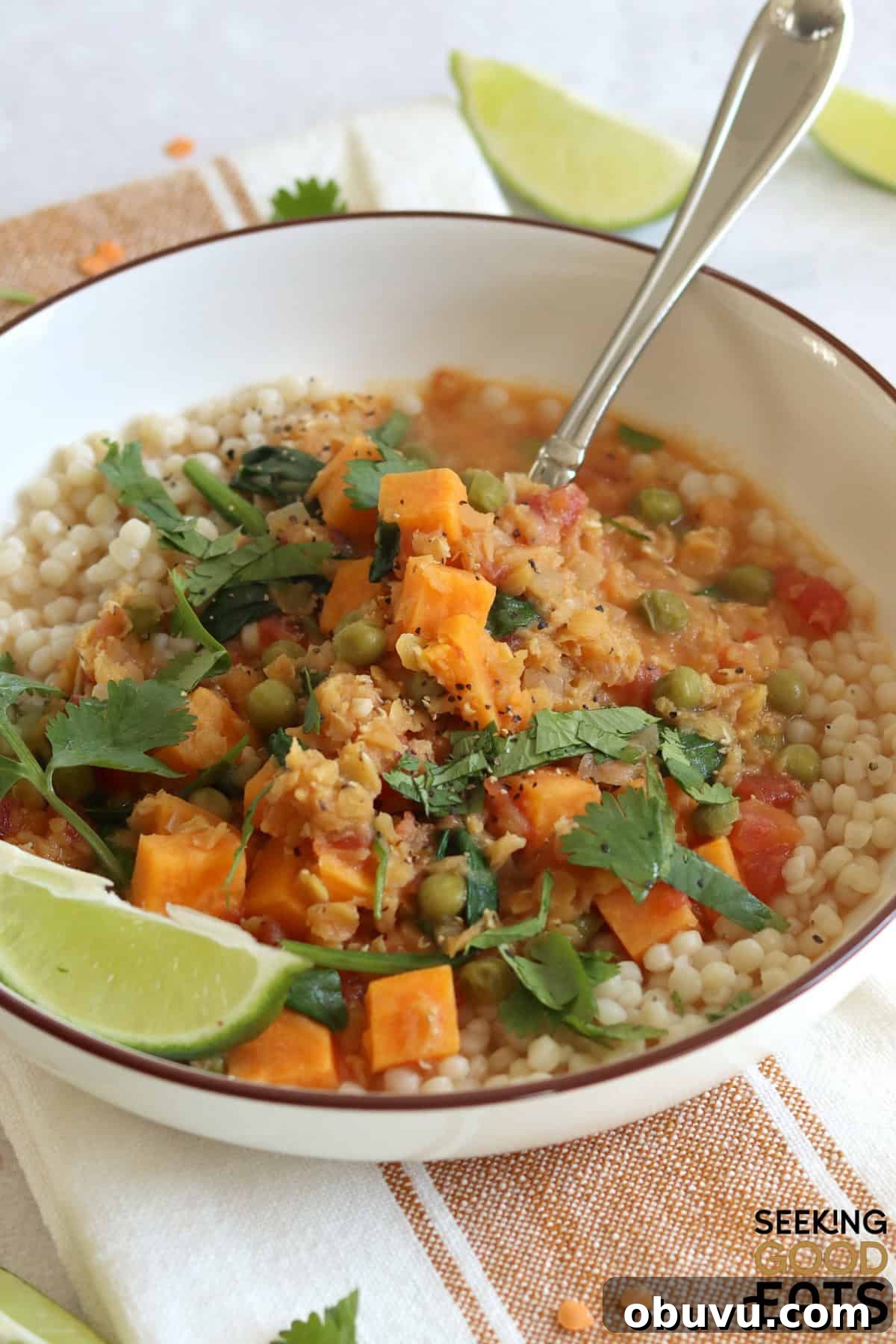 Sweet potato red lentil curry recipe in a white bowl with a silver spoon.