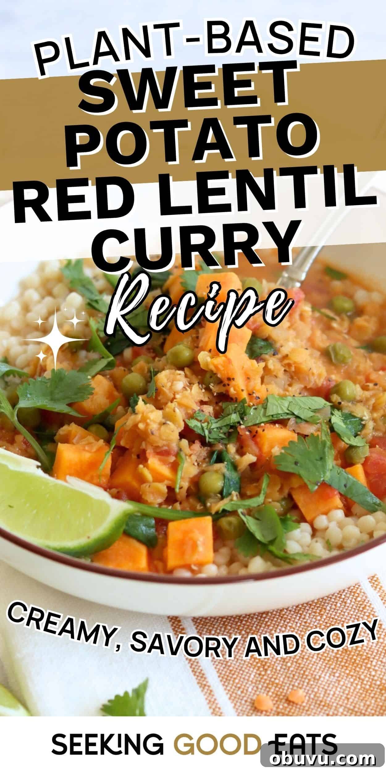 Bowl of creamy sweet potato red lentil curry topped with cilantro and lime, served over grains for a cozy plant-based meal.