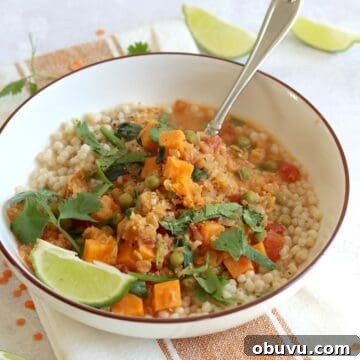Sweet potato red lentil curry recipe in a white serving bowl and silver spoon.