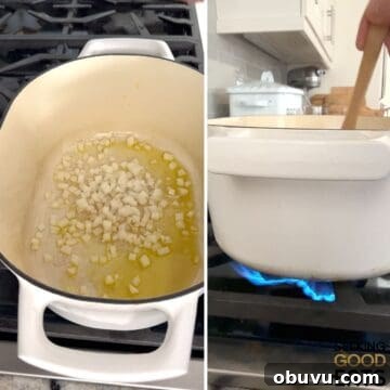 Sautéing onions in oil in a white Dutch oven.
