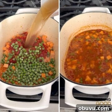 Adding ingredients for curry to the Dutch oven and simmering.