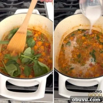 Adding spinach to the curry.