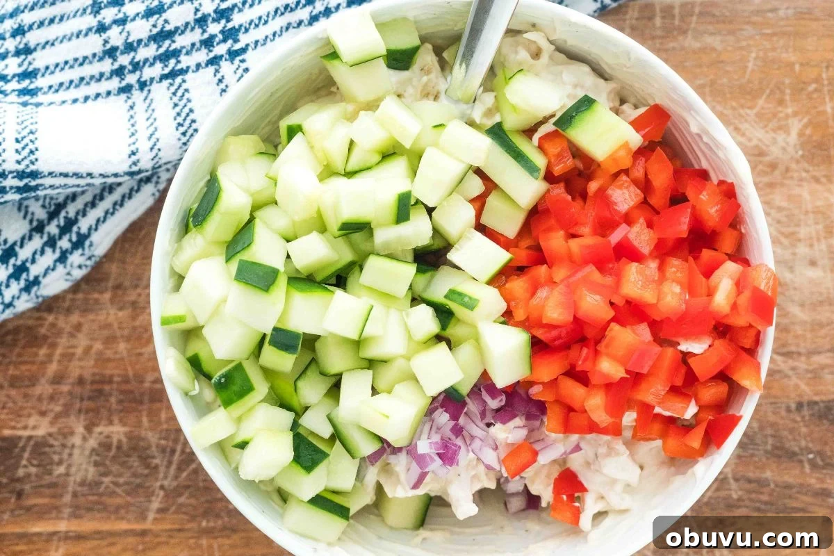 Chilled Cucumber and Chicken Salad with Creamy Dill Dressing 5 chicken, cucumbers, red peppers, and onions in bowl.