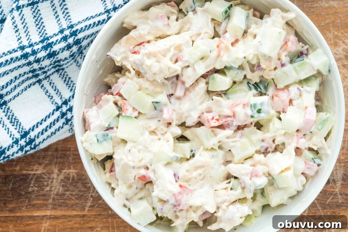 Chilled Cucumber and Chicken Salad with Creamy Dill Dressing 6 chicken cucumber salad mixed together and coated in dressing.
