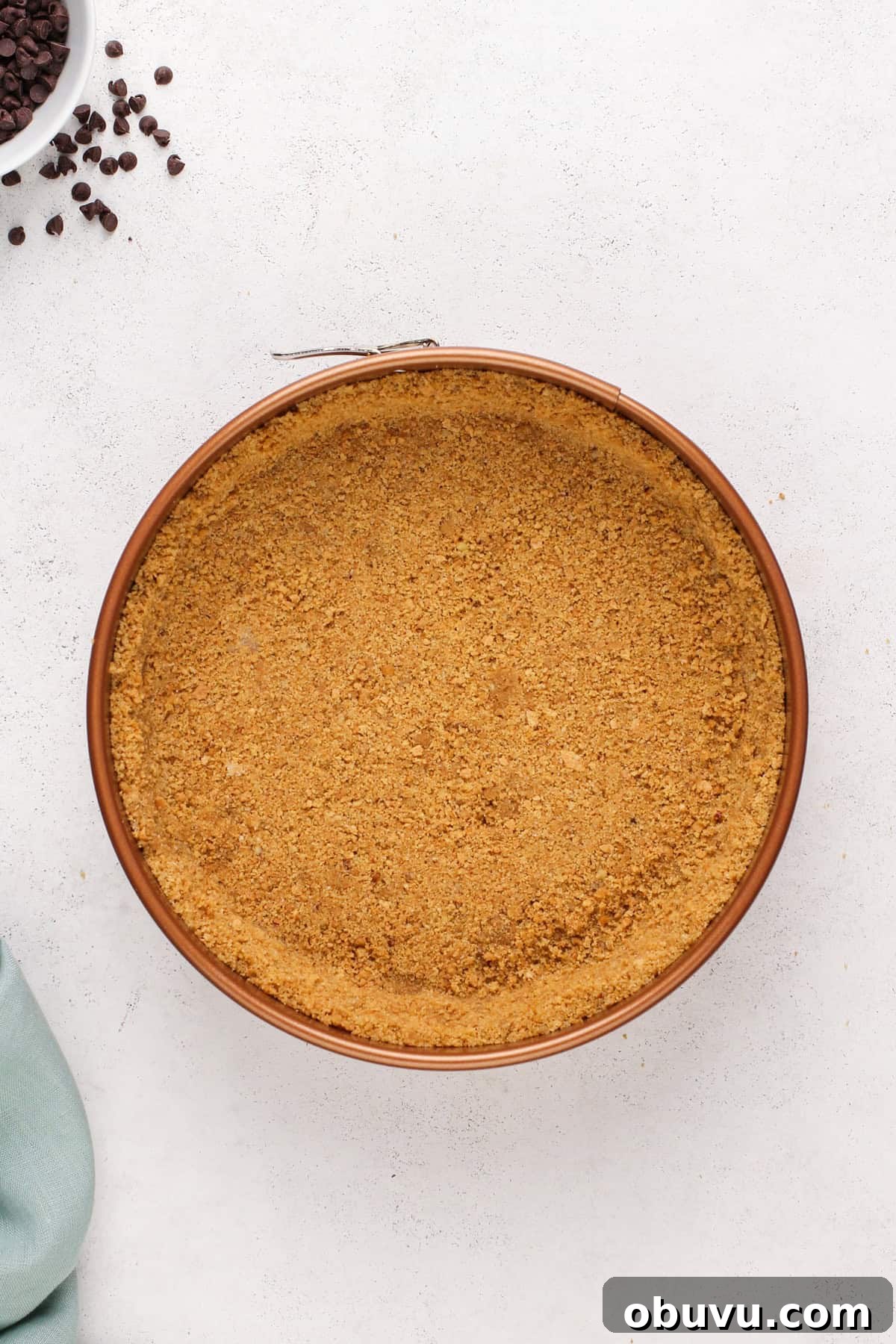 Graham cracker crust in a springform pan.