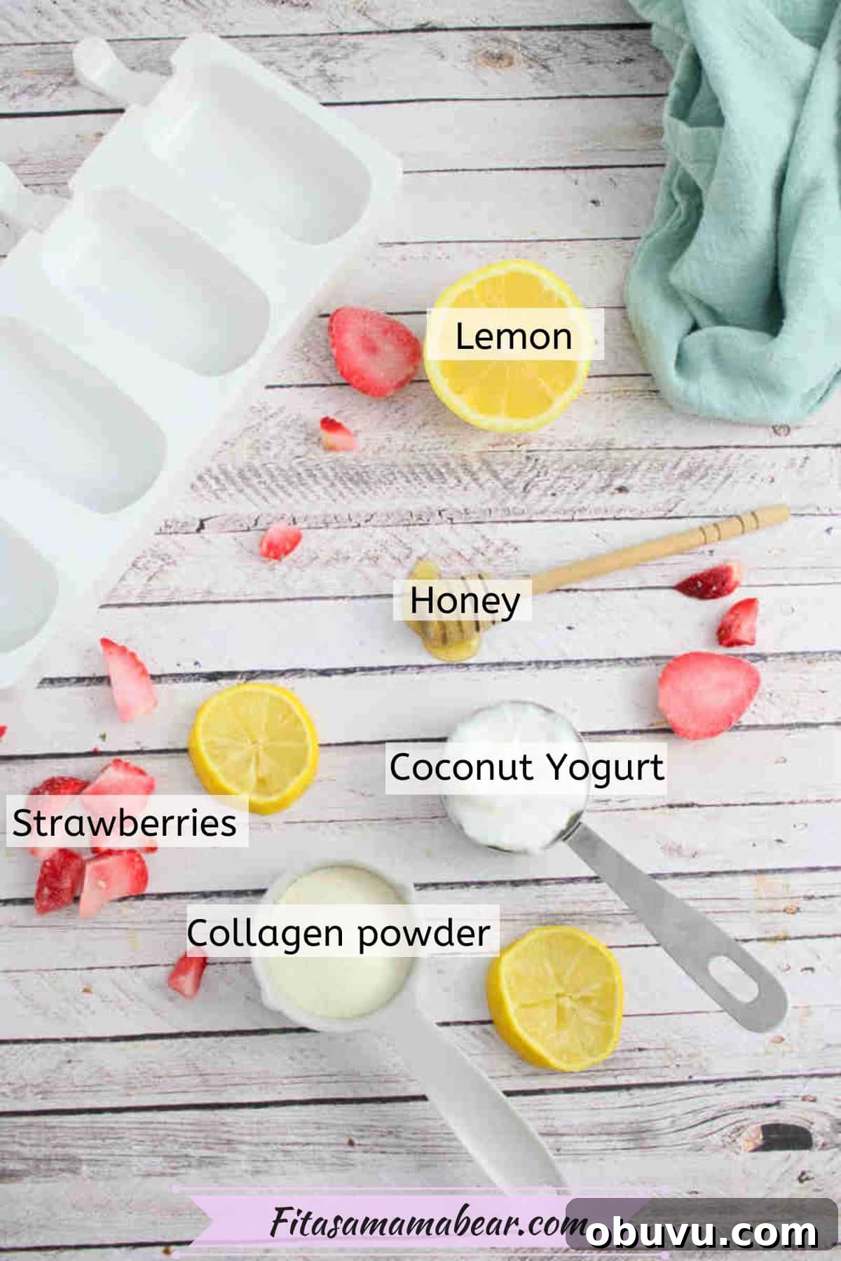 Multiple ingredients to make protein popsicles in measuring cups with text labels over top.