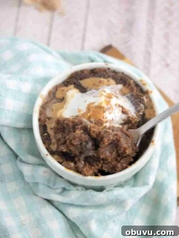 Chocolate protein powder mug cake topped with peanut butter and coconut whipped cream in a white mug on a blue linen.
