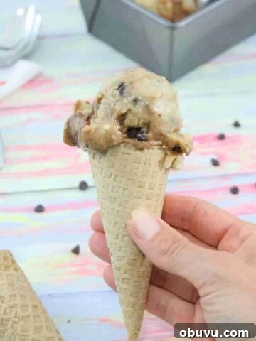 A chocolate swirled protein ice cream in an ice cream cone.