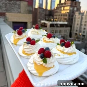 A person holds a rectangular platter of mini pavlovas topped with whipped cream, lemon curd, raspberries, blueberries, and mint on a rooftop, with a city skyline in the background at sunset.