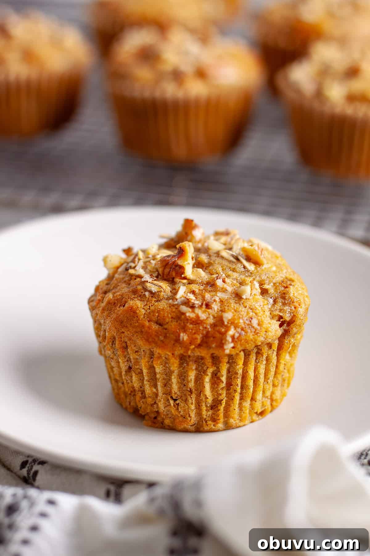 A freshly baked carrot banana muffin on a small plate with the muffin tin in the background.