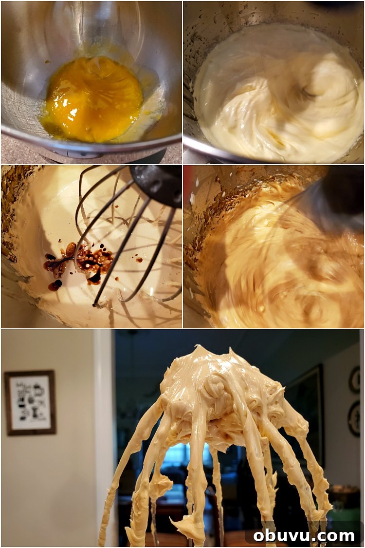 Burnt Caramel Buttercream Recipe for Whipped Frosting 5 Collage of 5 images showing broad strokes of how to make this buttercream.