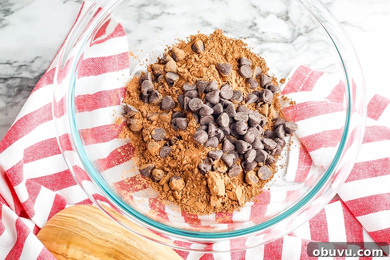 Chocolate Peppermint Pound Cake Recipe — Festive Holiday Dessert 5 Cocoa powder and chocolate chips in bowl