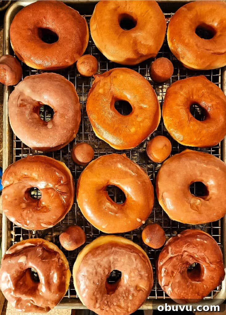 An overhead shot of a rack of 12 glazed donuts arranged in 3 columns of 4 with small donut holes in between.