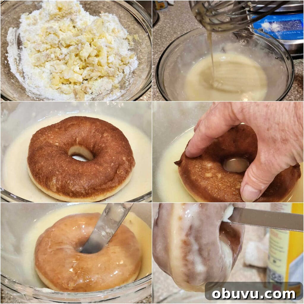 Glazing process showing melted butter and powdered sugar being mixed, a donut dipped and glaze dripping.