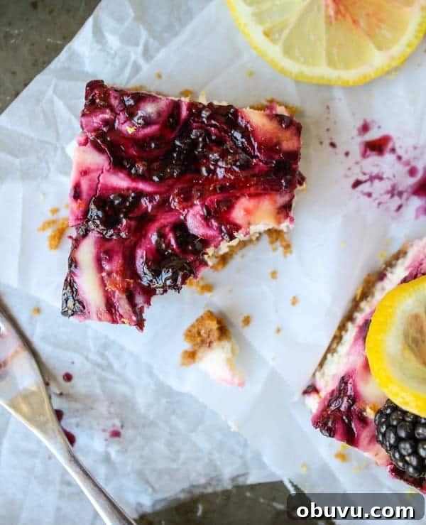 Lemon and Blackberry Dessert Bars: Zesty Summer Fruit Bars 5 a blackberry lemon cheesecake bar with a bite taken out of it.