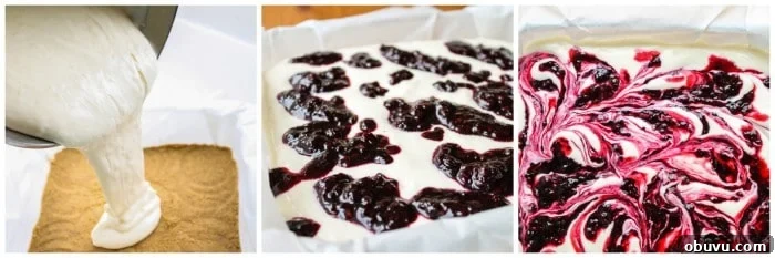 Lemon and Blackberry Dessert Bars: Zesty Summer Fruit Bars 8 pouring cheesecake filling into a pan, swirling blackberry puree into the cheesecake filling.
