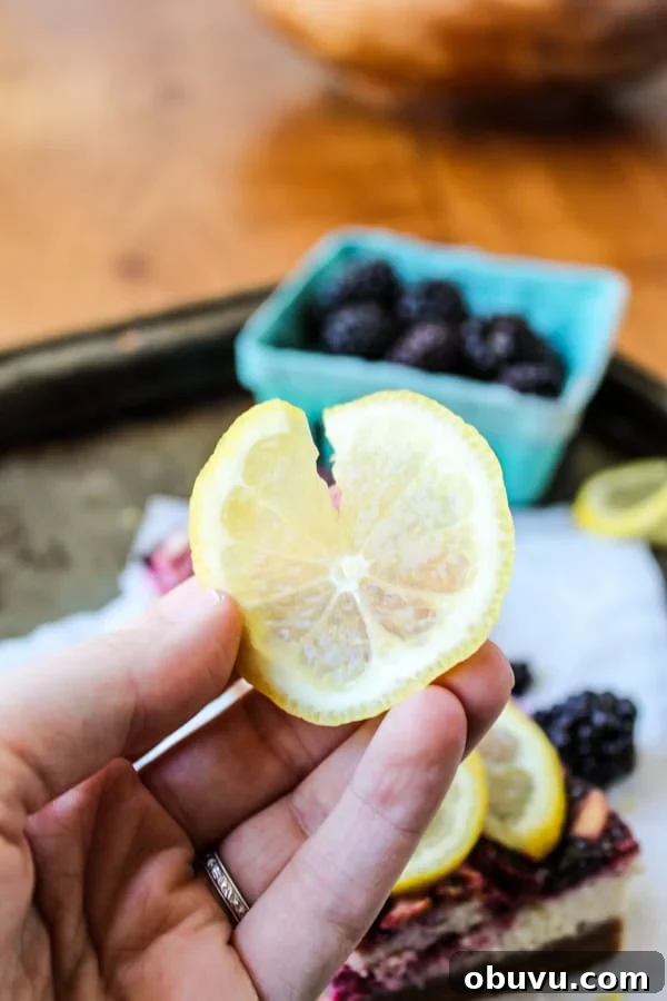Lemon and Blackberry Dessert Bars: Zesty Summer Fruit Bars 9 a hand holding a thinly sliced lemon with a slit in it.